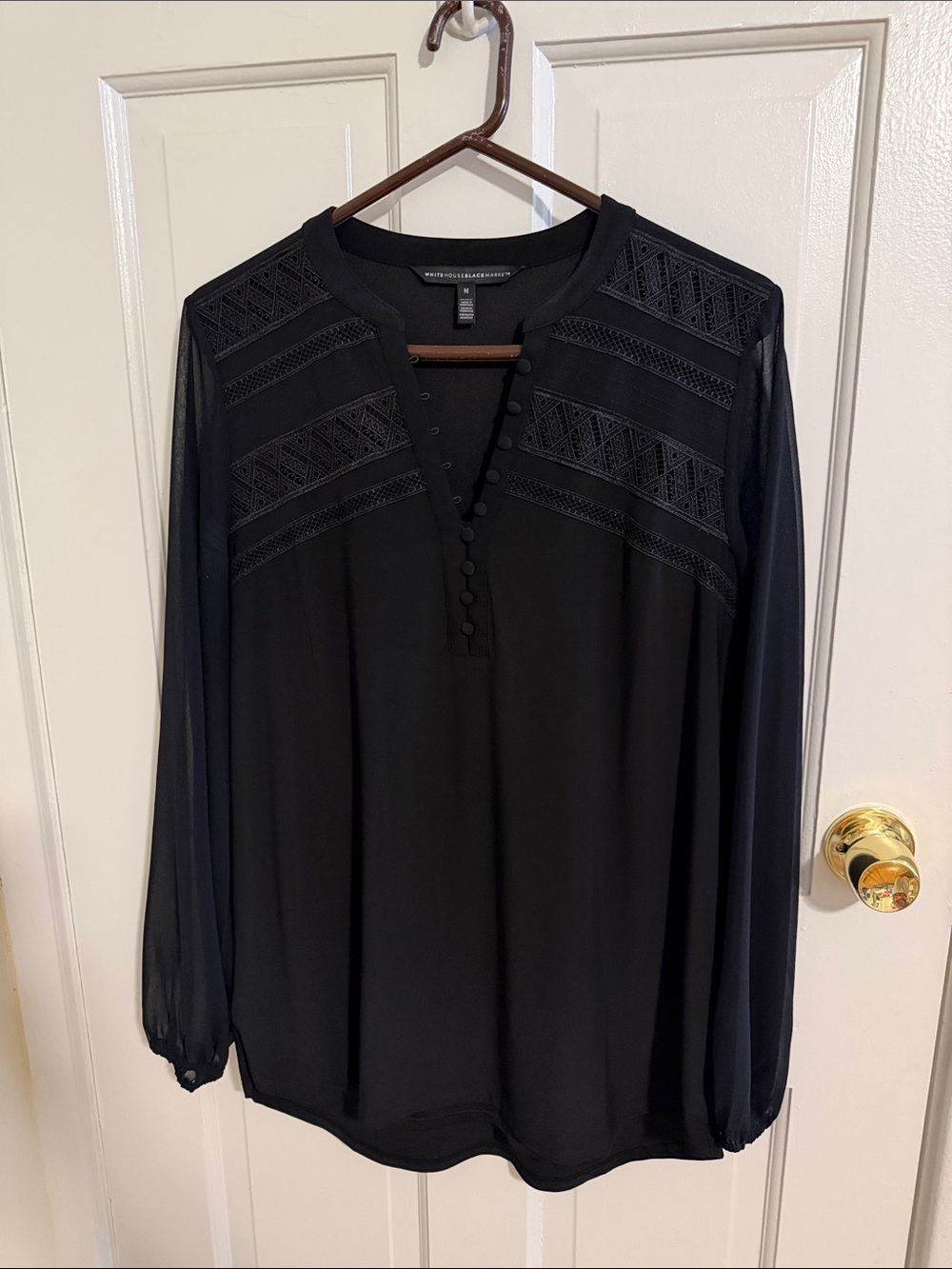 White House Black Market Black Long-Sleeve Yoke Blouse with Sheer Sleeves